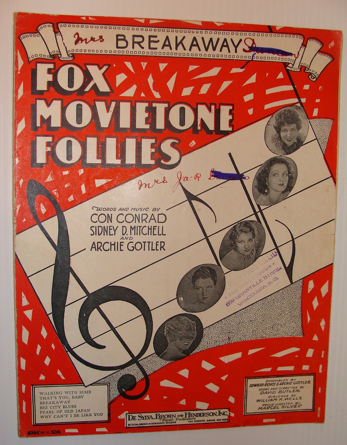 CONRAD, CON, MITCHELL, SIDNEY D., GOTTLER, ARCHIE - Breakaway - Sheet Music for the Song from Fox Movietown Follies of 1929