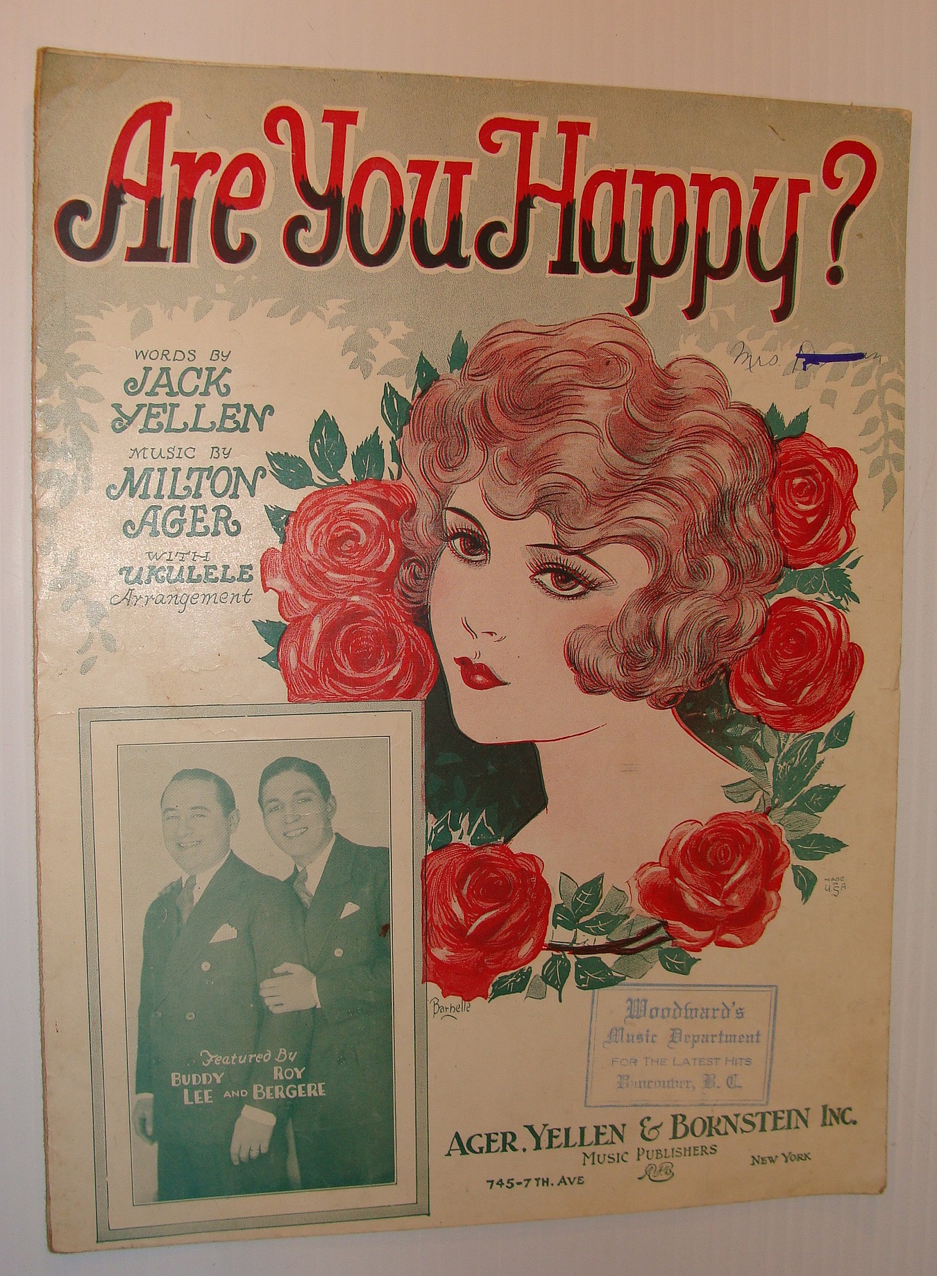 AGER, MILTON, YELLEN, JACK - Are You Happy? - Sheet Music with for Vocal and Piano Plus Ukulele Arrangement