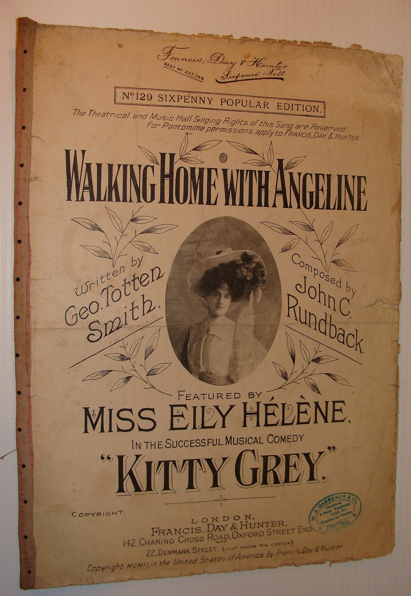 SMITH, GEORGE TOTTEN; RUNDBACK, JOHN C. - Walking Home with Angeline: Sheet Music for Voice and Piano - Featured by Miss Eily Helene in the Successful Musical Comedy Kitty Grey